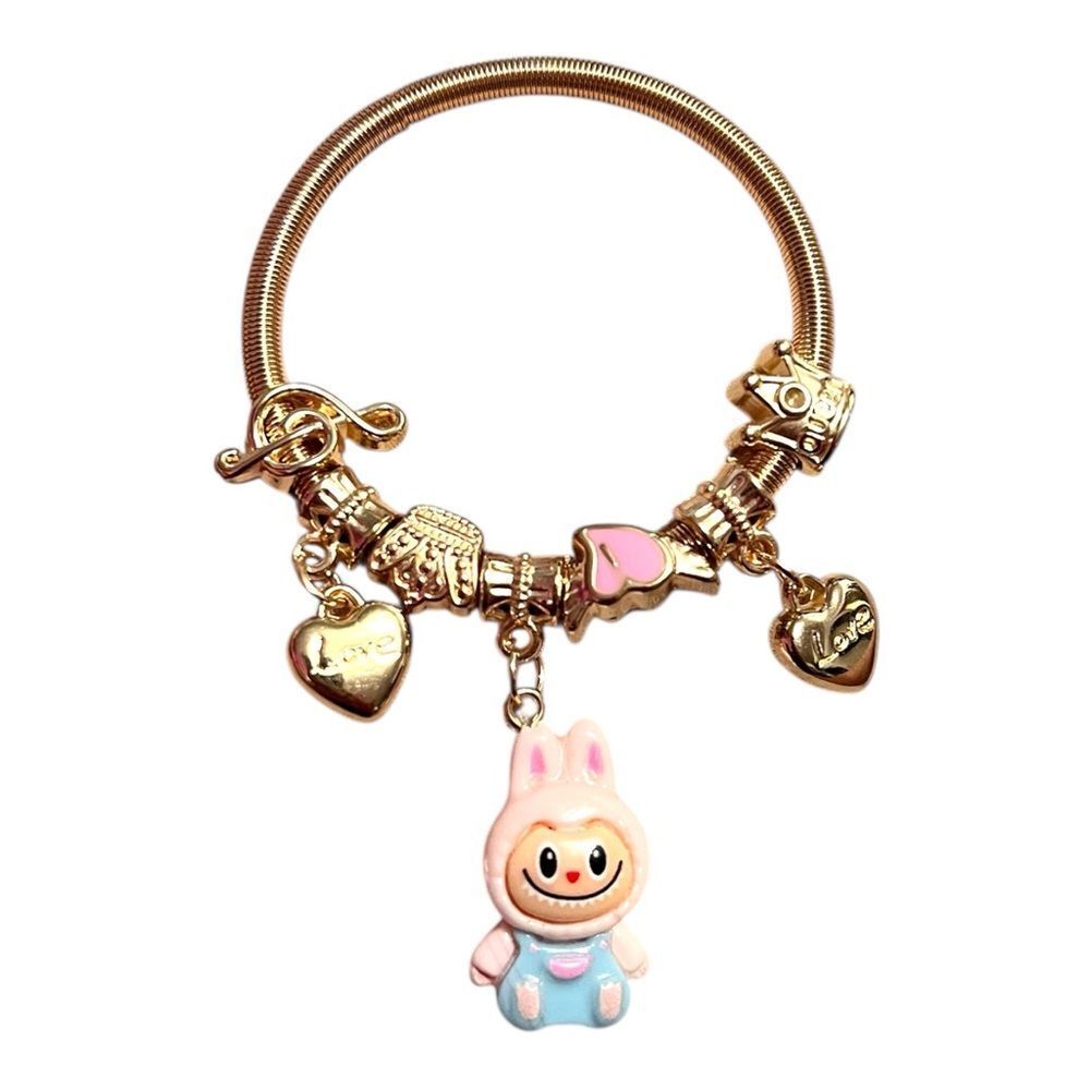 🤯5/$25🤯 Stretchy Pink Labubu Love Heart Crown Note Gold Child’s Charm Bracelet
